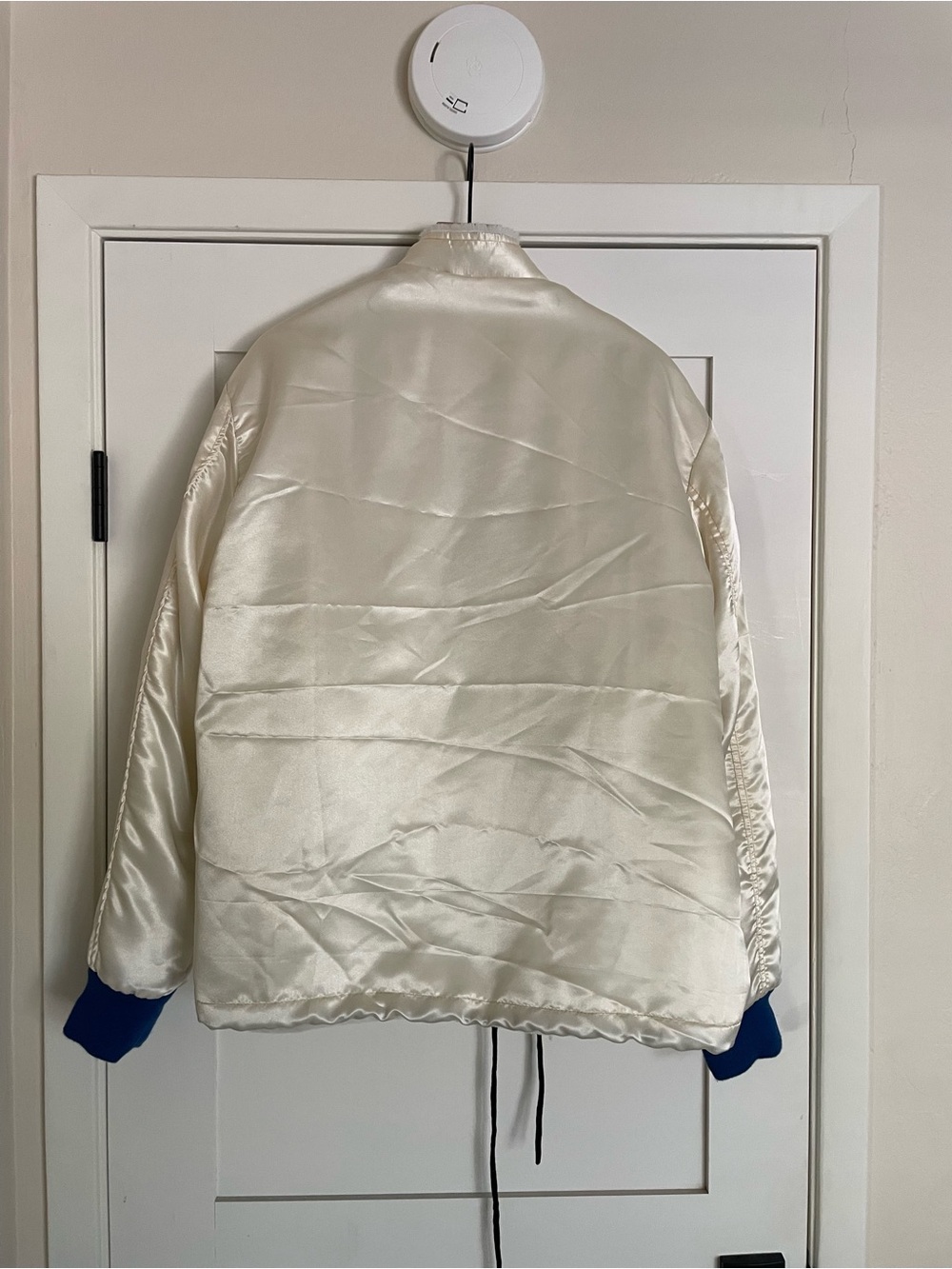 NWT Ford Ivory Satin Bomber Jacket with Blue & Red Stripes - Picture 4 of 8